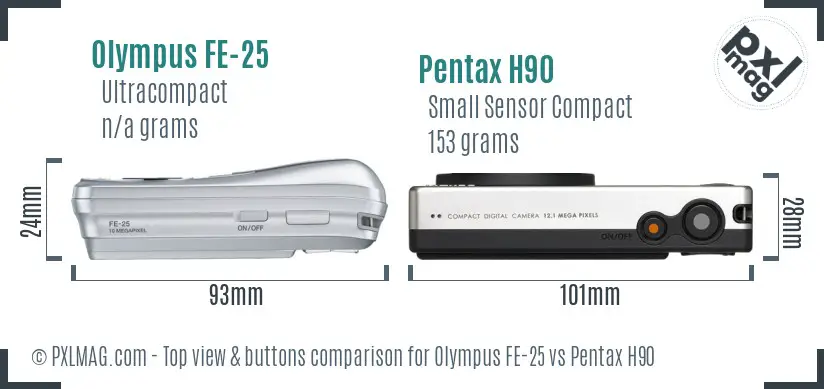 Olympus FE-25 vs Pentax H90 top view buttons comparison