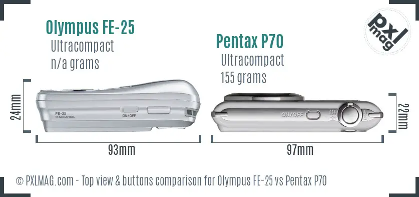 Olympus FE-25 vs Pentax P70 top view buttons comparison