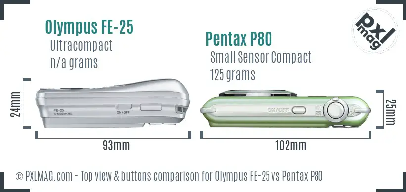 Olympus FE-25 vs Pentax P80 top view buttons comparison