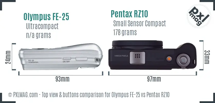 Olympus FE-25 vs Pentax RZ10 top view buttons comparison