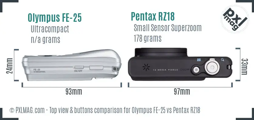 Olympus FE-25 vs Pentax RZ18 top view buttons comparison