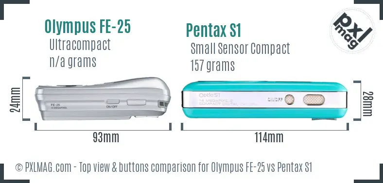 Olympus FE-25 vs Pentax S1 top view buttons comparison