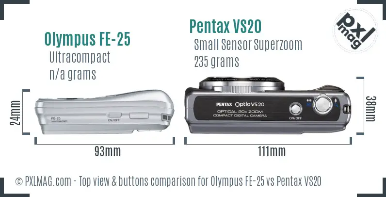 Olympus FE-25 vs Pentax VS20 top view buttons comparison