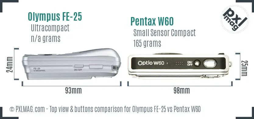 Olympus FE-25 vs Pentax W60 top view buttons comparison