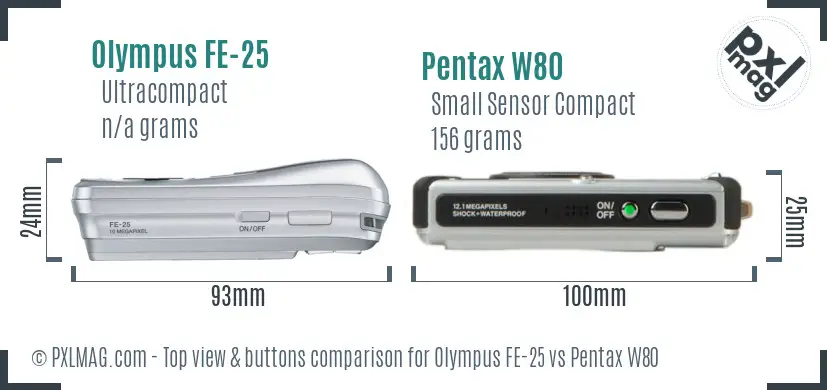 Olympus FE-25 vs Pentax W80 top view buttons comparison