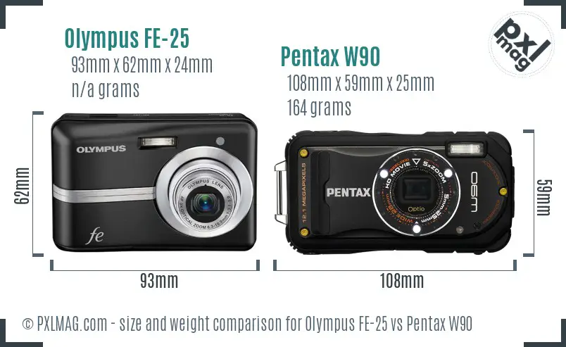 Olympus FE-25 vs Pentax W90 size comparison