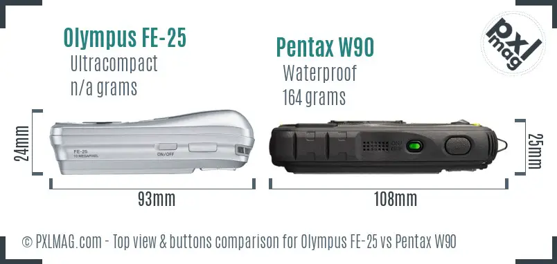 Olympus FE-25 vs Pentax W90 top view buttons comparison