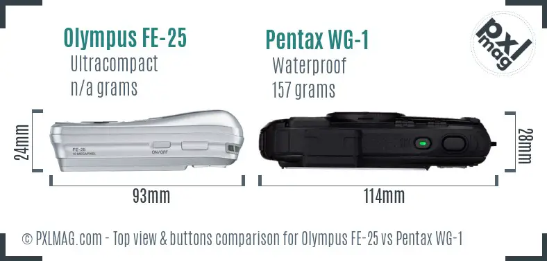 Olympus FE-25 vs Pentax WG-1 top view buttons comparison