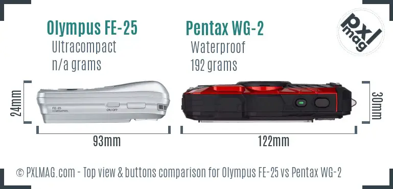 Olympus FE-25 vs Pentax WG-2 top view buttons comparison