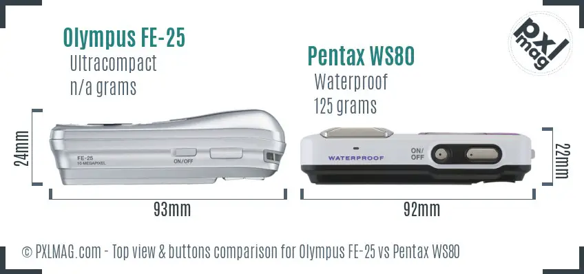 Olympus FE-25 vs Pentax WS80 top view buttons comparison