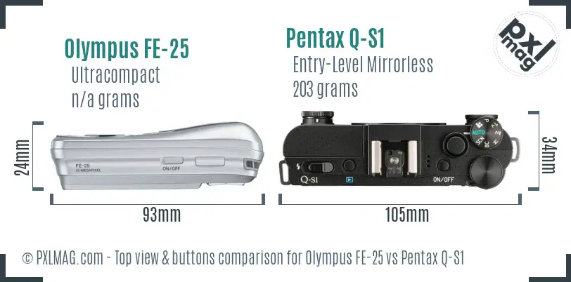 Olympus FE-25 vs Pentax Q-S1 top view buttons comparison