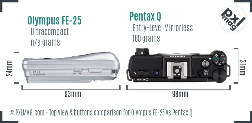 Olympus FE-25 vs Pentax Q top view buttons comparison