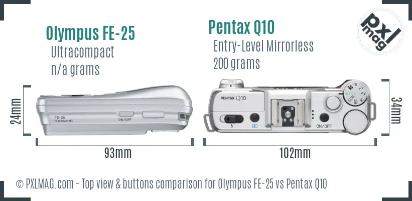 Olympus FE-25 vs Pentax Q10 top view buttons comparison