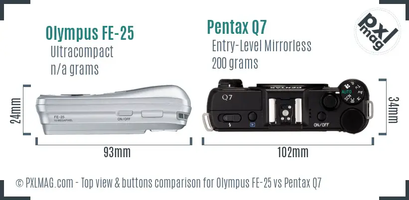 Olympus FE-25 vs Pentax Q7 top view buttons comparison
