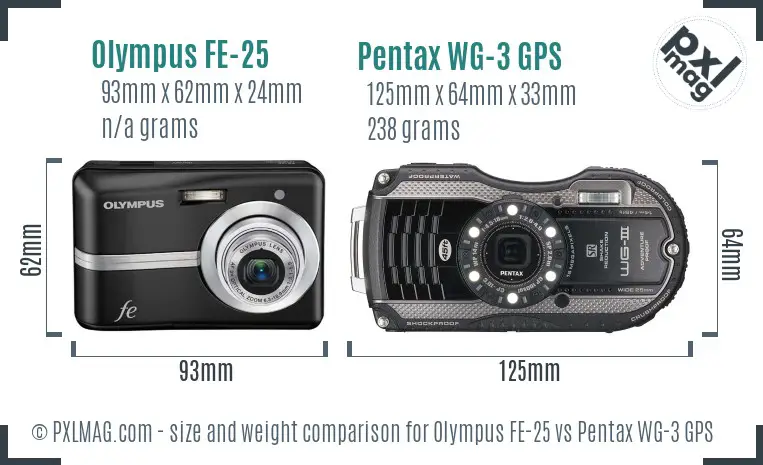 Olympus FE-25 vs Pentax WG-3 GPS size comparison