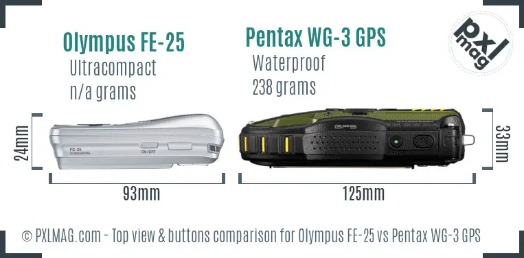 Olympus FE-25 vs Pentax WG-3 GPS top view buttons comparison