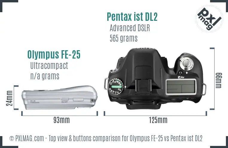 Olympus FE-25 vs Pentax ist DL2 top view buttons comparison