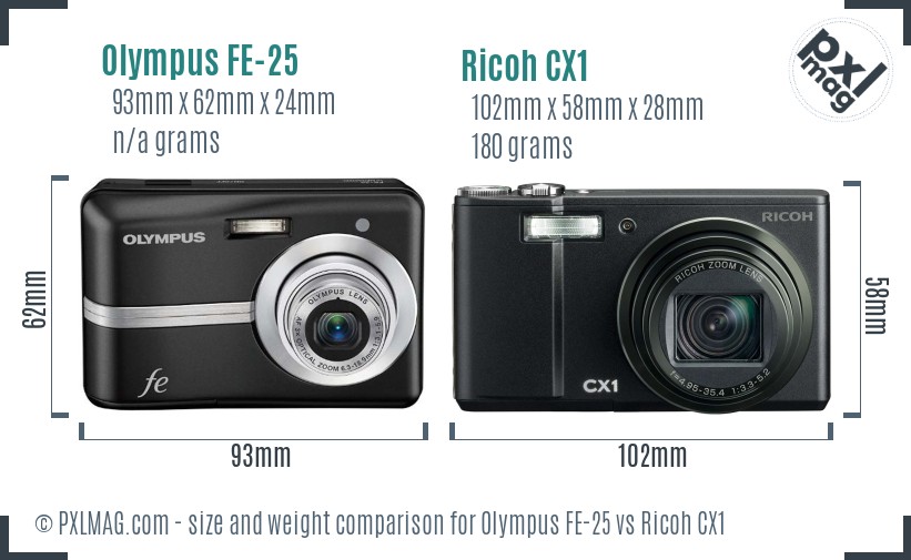 Olympus FE-25 vs Ricoh CX1 size comparison Olympus FE-25 vs Ricoh CX1 size comparison