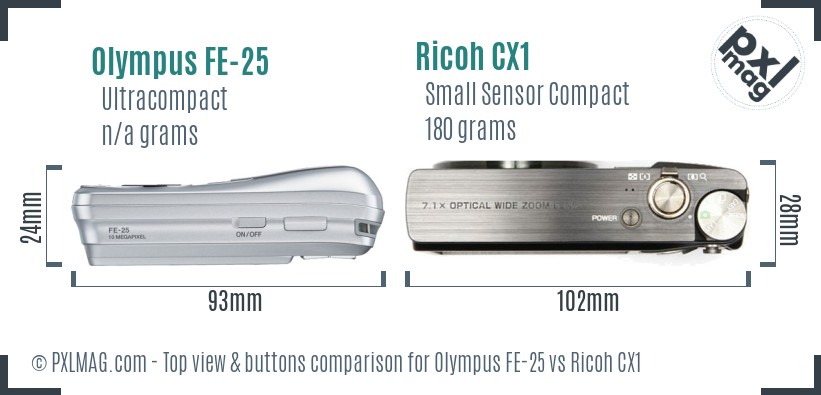 Olympus FE-25 vs Ricoh CX1 top view buttons comparison