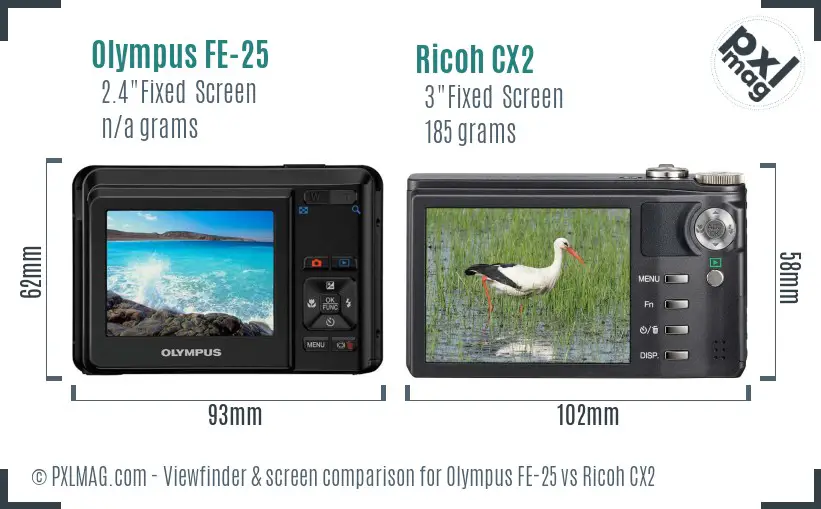 Olympus FE-25 vs Ricoh CX2 Screen and Viewfinder comparison