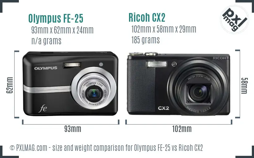 Olympus FE-25 vs Ricoh CX2 size comparison