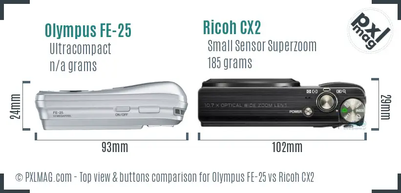 Olympus FE-25 vs Ricoh CX2 top view buttons comparison