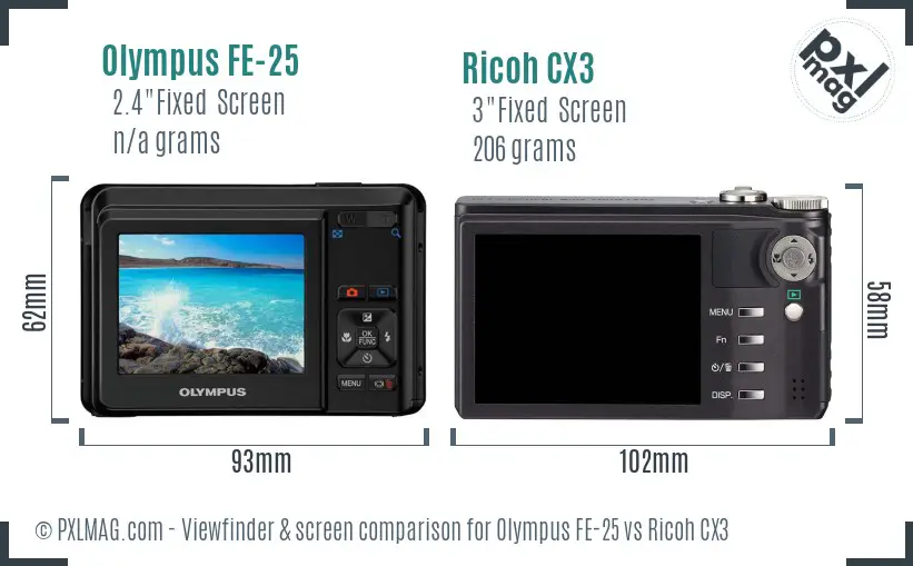 Olympus FE-25 vs Ricoh CX3 Screen and Viewfinder comparison