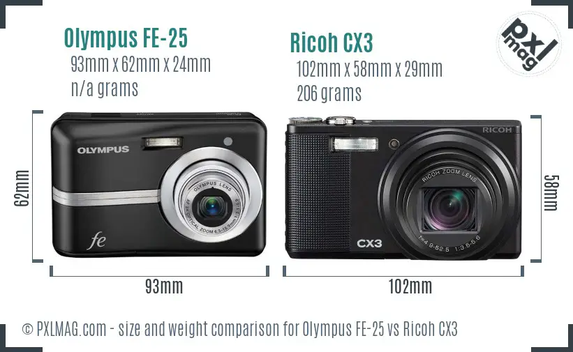 Olympus FE-25 vs Ricoh CX3 size comparison