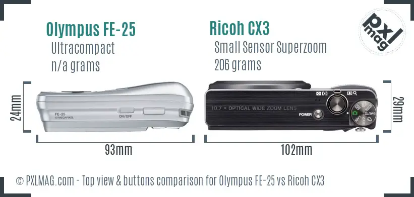 Olympus FE-25 vs Ricoh CX3 top view buttons comparison