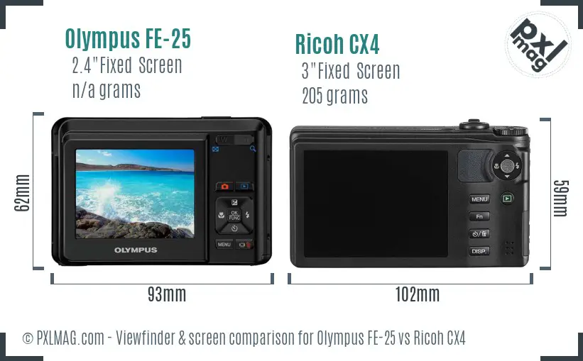 Olympus FE-25 vs Ricoh CX4 Screen and Viewfinder comparison