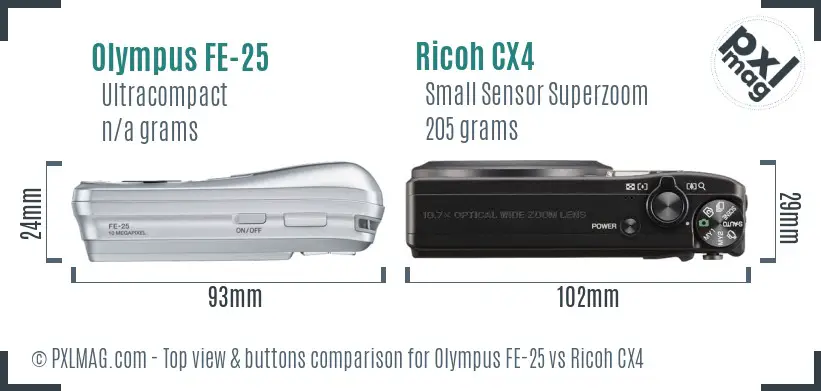 Olympus FE-25 vs Ricoh CX4 top view buttons comparison