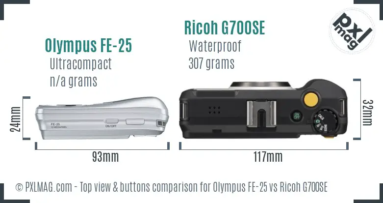 Olympus FE-25 vs Ricoh G700SE top view buttons comparison