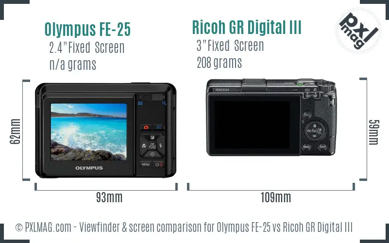 Olympus FE-25 vs Ricoh GR Digital III Screen and Viewfinder comparison