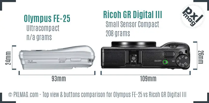 Olympus FE-25 vs Ricoh GR Digital III top view buttons comparison