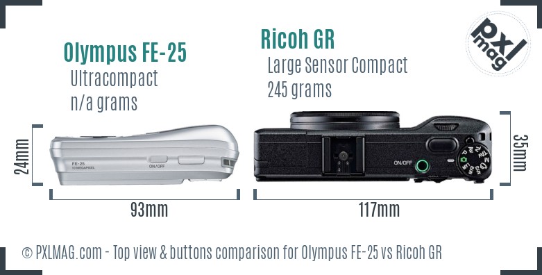 Olympus FE-25 vs Ricoh GR top view buttons comparison