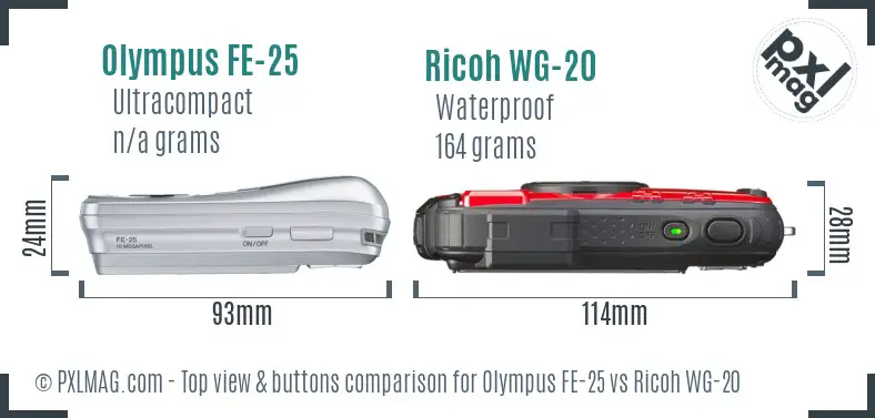 Olympus FE-25 vs Ricoh WG-20 top view buttons comparison