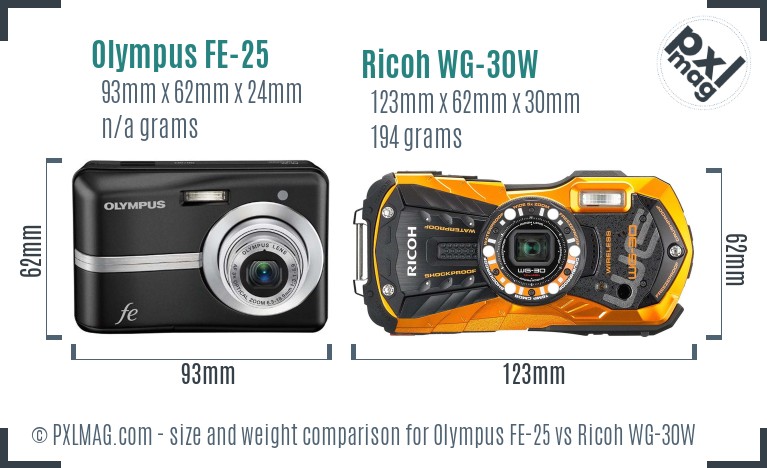 Olympus FE-25 vs Ricoh WG-30W size comparison