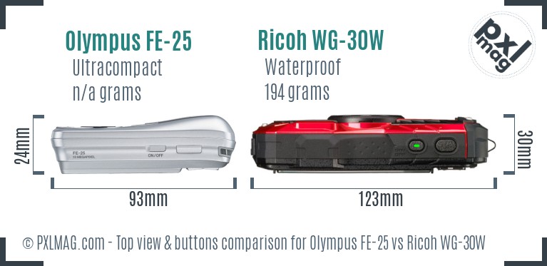 Olympus FE-25 vs Ricoh WG-30W top view buttons comparison