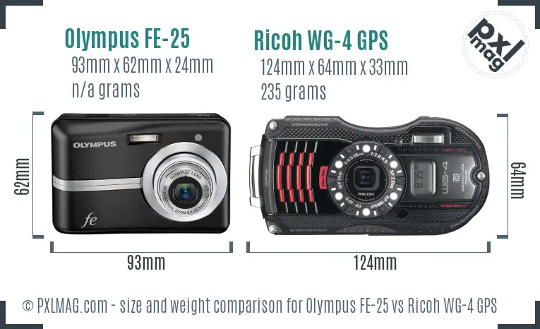 Olympus FE-25 vs Ricoh WG-4 GPS size comparison Olympus FE-25 vs Ricoh WG-4 GPS size comparison