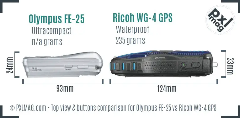 Olympus FE-25 vs Ricoh WG-4 GPS top view buttons comparison Olympus FE-25 vs Ricoh WG-4 GPS top view buttons comparison