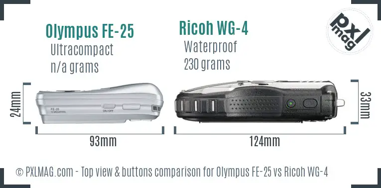 Olympus FE-25 vs Ricoh WG-4 top view buttons comparison Olympus FE-25 vs Ricoh WG-4 top view buttons comparison