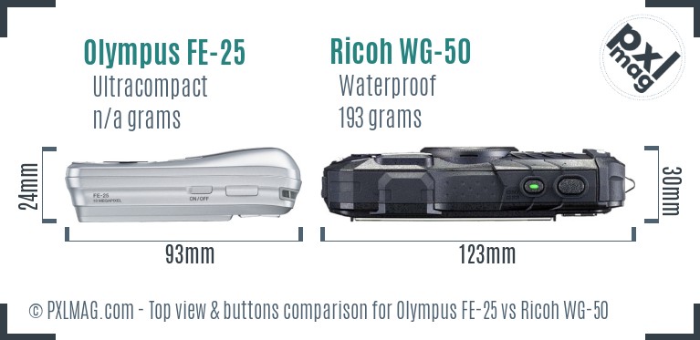 Olympus FE-25 vs Ricoh WG-50 top view buttons comparison