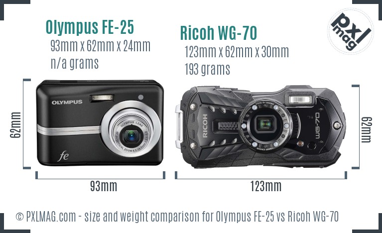 Olympus FE-25 vs Ricoh WG-70 size comparison