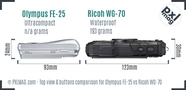 Olympus FE-25 vs Ricoh WG-70 top view buttons comparison