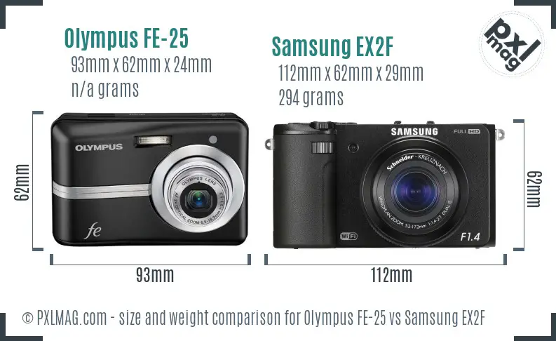 Olympus FE-25 vs Samsung EX2F size comparison