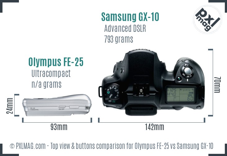 Olympus FE-25 vs Samsung GX-10 top view buttons comparison