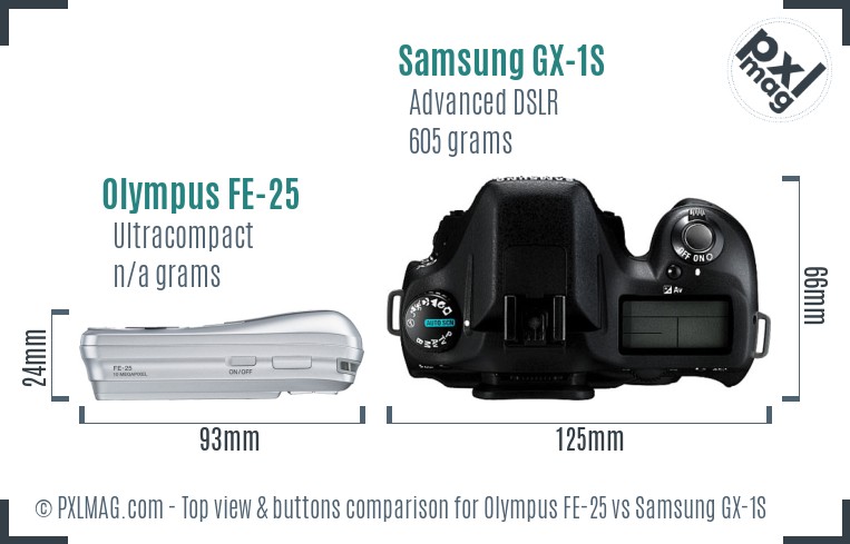 Olympus FE-25 vs Samsung GX-1S top view buttons comparison