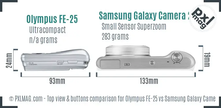 Olympus FE-25 vs Samsung Galaxy Camera 2 top view buttons comparison