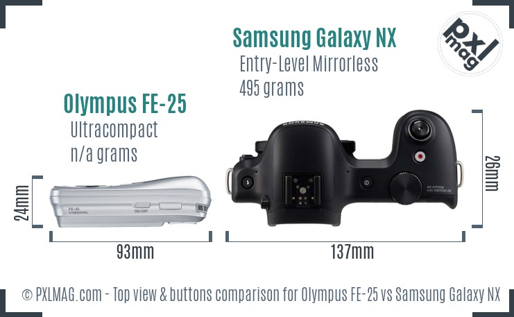 Olympus FE-25 vs Samsung Galaxy NX top view buttons comparison