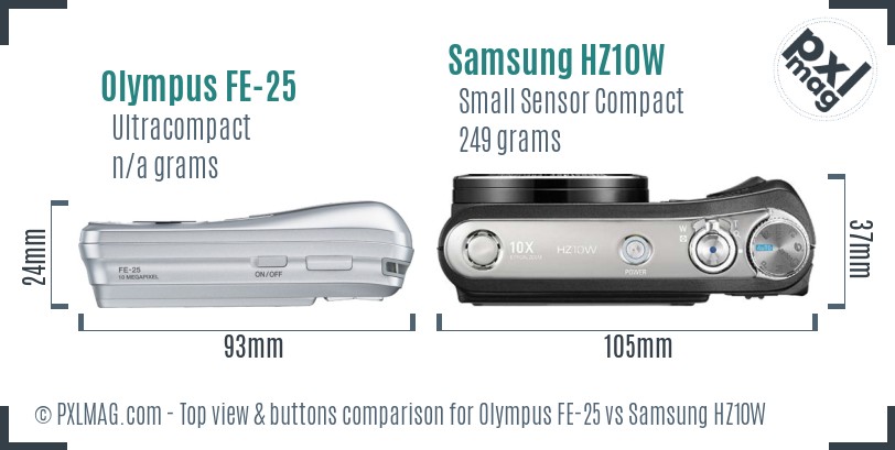Olympus FE-25 vs Samsung HZ10W top view buttons comparison